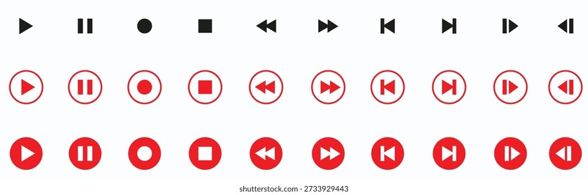 Media player icons in red: play, pause, stop, next, previous, rewind, fast forward