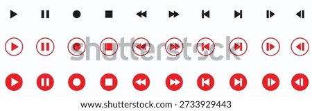 Media player icons in red: play, pause, stop, next, previous, rewind, fast forward