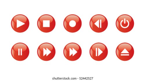 Media player icons - red rounded buttons. Set of ten signs.
