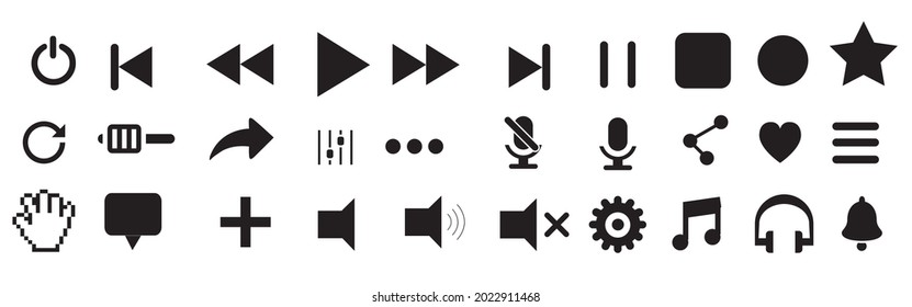 Media player icons set. Button collection. Music, sound, interface, play, microphone, arrow, setting