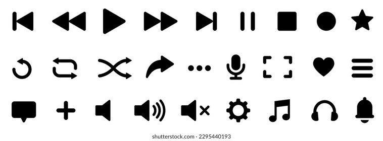 Media player icons set. Button collection. Music, sound, interface, play, microphone, arrow, setting.