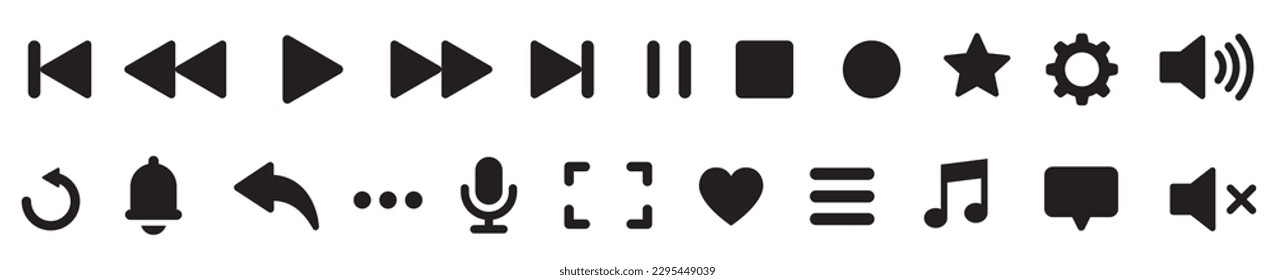 Media player icons set. Button collection. Music, sound, interface, play, microphone, arrow, setting.