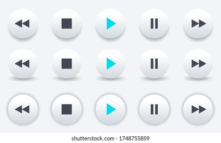 Media player icons set. Buttons for controlling a video or music audio player. White volumetric 3d isolated buttons pack. Play, stop, pause, next, rewind, music player icon.