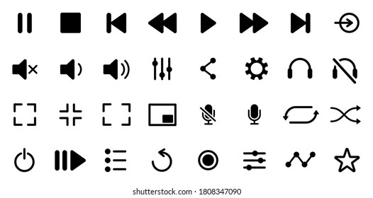 Media player icons set. Collection of multimedia symbols and audio, music speaker volume, interface, design media player buttons. Play, pause, stop, record, forward, rewind, previous, next, eject.