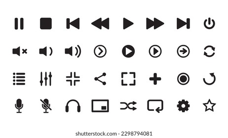 Media player icons set. Collection of multimedia symbols. Audio, music interface and video player buttons. Play, pause, volume, stop, forward, previous, next icons in flat style