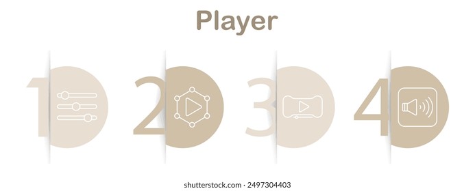 Media player icons set. Play button, media network, video player, audio volume, settings gear, playlist, audio equalizer. Linear multimedia illustrations