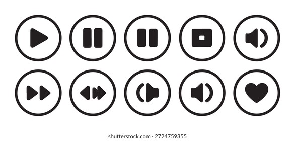Conjunto de iconos de reproductor multimedia. Reproducir pausa detener siguiente volumen anterior subir volumen y bajar Botón cardíaco para Sitios web y App.
