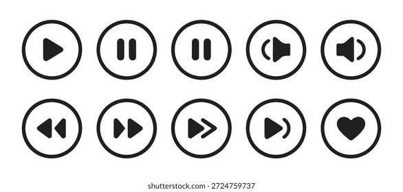 Conjunto de ícones do Media Player. Reproduzir pausar volume para cima volume para baixo retroceder rápido para frente e botão coração para sites e aplicativos.