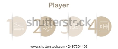 Media player icons set. Play button, media network, video player, audio volume, settings gear, playlist, audio equalizer. Linear multimedia illustrations