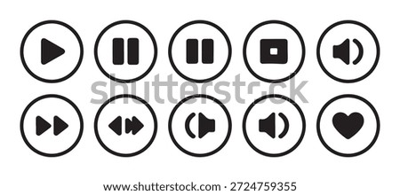 Media player icons set. Play pause stop next previous volume up volume down and heart button for websites and apps.