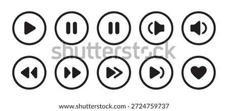 Media player icons set. Play pause volume up volume down rewind fast forward and heart button for websites and apps.