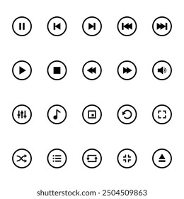 Iconos de reproductor multimedia en Vector. Música, interfaz, diseño de Botones de reproductor de medios colección. Botón de reproductor de medios y audio, volumen del altavoz de música, interfaz, diseño.