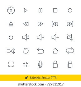 Media Player Icons / Vectors Set - In Line / Stroke Design with Editable Stroke