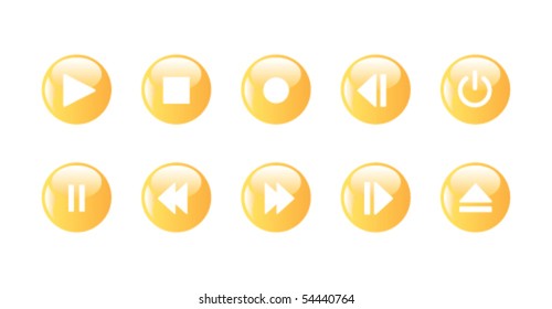 Media player icons - yellow rounded buttons. Set of ten signs.
