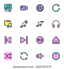 Media player interface filled outline icons set, line vector symbol collection, linear colorful pictogram pack. Signs, logo illustration, Set includes icons as music button, video record, headphones