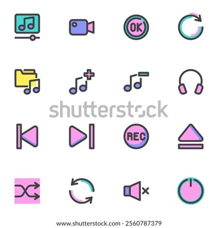 Media player interface filled outline icons set, line vector symbol collection, linear colorful pictogram pack. Signs, logo illustration, Set includes icons as music button, video record, headphones