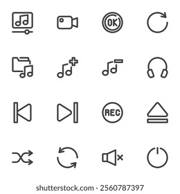 Media player interface line icons set, outline vector symbol collection, linear style pictogram pack. Signs, logo illustration. Set includes icons as music play button, video record, headphones