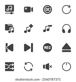 Media player interface vector icons set, modern solid symbol collection, filled style pictogram pack. Signs, logo illustration. Set includes icons as music play button, video record, headphones