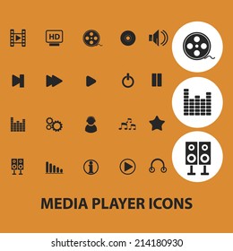 media player isolated icons, signs, vectors, illustrations, silhouettes set, vector