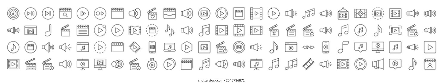 Media Player Line Icon Bundle. Modern Collection for Design, Web Sites, Apps, Cards. Contains Linear Images of Clapperboard, Musical Note, Loud Speaker