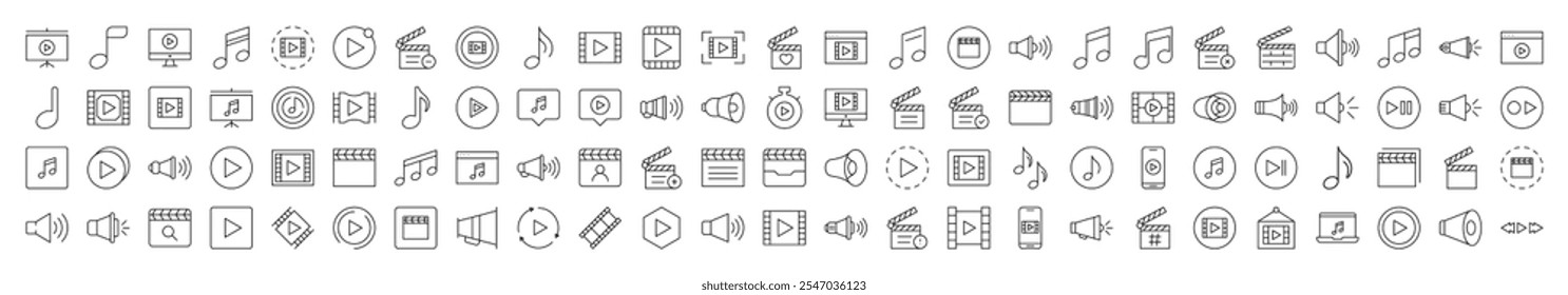 Pacote De Ícones De Linha Do Media Player. Coleção moderna para design, sites, aplicativos, cartões. Contém Imagens Lineares de Clapperboard, Nota Musical, Alto-falante