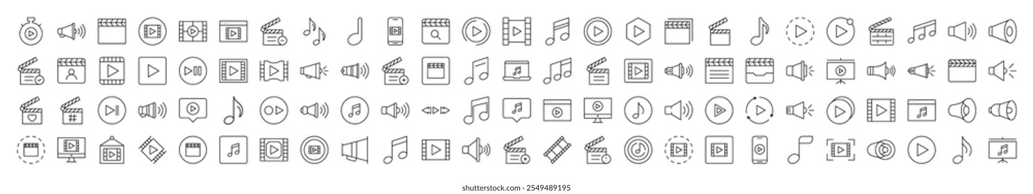 Conjunto De Ícones De Linha Do Media Player. Coleção moderna para design, sites, aplicativos, cartões. Contém Imagens Lineares de Clapperboard, Nota Musical, Alto-falante