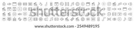 Media Player Line Icon Set. Modern Collection for Design, Web Sites, Apps, Cards. Contains Linear Images of Clapperboard, Musical Note, Loud Speaker
