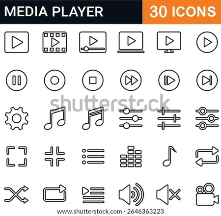Media Player Line Icons Set. Set of 30 outline icons related to media players, audio, video, and controls. Vector illustration. Linear icons set. Media player outline icon collection. Editable stroke 
