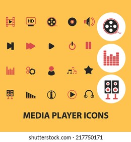 media player, music, audio icons, signs, illustrations, vectors, symbols set