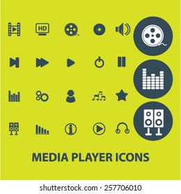 media player, music, audio isolated icons, signs, illustrations concept design set on background for mobile application, website, adverisement, vector