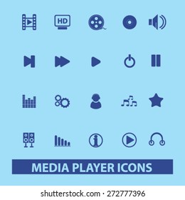 media player, music, audio, video icons, signs, illustrations set, vector