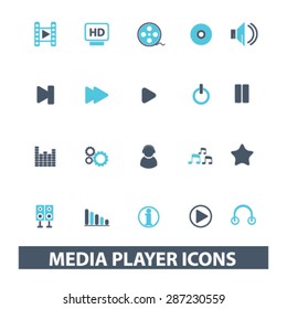 media player, music, audio, video icons, signs, illustrations set, vector