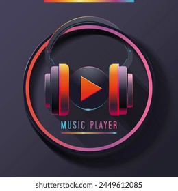 Media player, music player, play button, bright colorful logo design with headphones. Vector illustration