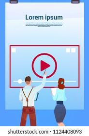 media player online training video stream concept rear view business people pointing videoblogs on blue background flat copy space vertical vector illustration