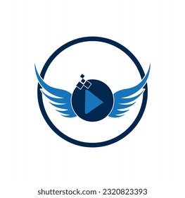 media player play button and wings logo template design vector.