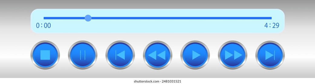 Plantilla del panel de reproducción del reproductor multimedia aislado sobre fondo blanco. Video o barra de carga de progreso del reproductor de audio con control deslizante de tiempo. Ilustración vectorial