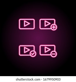 Media, player, plus, check, minus sign neon icon. Simple thin line, outline vector of web icons for ui and ux, website or mobile application