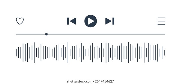 Media Player progress loading bar, play next, rewind fast forward buttons. Templates of music playback panel interface. Sound waves or voice message. White mode. Mini-player, embeddable into websites.