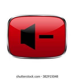 Media player red icon with volume decrease sign. Rounded square web button red isolated