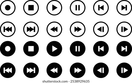 Configuraciones de reproductor multimedia Diseño de Vector de iconos de Botón colección de iconos de reproductor multimedia Reproducir, pausar, detener, retroceder y siguiente iconos