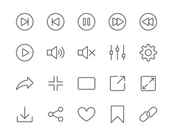 Media Player Simple Flat Line Icons Set. Play Button, Expand, Full Screen, Download, Sound, Bookmark Vector Illustrations. Outline Signs For Multimedia Interface. Pixel Perfect. Editable Strokes.