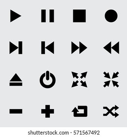 Media player simple icon set for web, mobile, computer apps: play, pause, stop, record, last, first, forward, backward, eject, on/off, full screen, cut down, remove, add, loop, shuffle