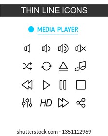 Media player thin line icons. Black vector icons set isolated on white background. Vector illustrations, eps 10