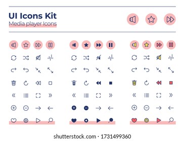 Media Player Benutzeroberfläche Icons Kit. Audio Einstellungen dünne Linie, Glyphe und Farbvektorsymbole gesetzt. Play and stop sound. Multimedia-App-Buttons in rosa Kreisen packen. Auflistung von Webdesignelementen