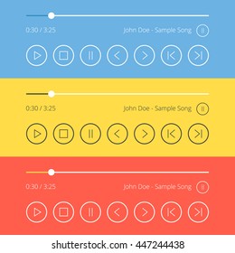 Media player ui interface icons, buttons and elements set. Blue, yellow and red backgrounds. Thin line flat design graphic elements for banners, websites, mobile app, infographics. Vector illustration