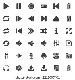 Media player UI vector icons set, modern solid symbol collection, filled style pictogram pack. Audio interface Signs, logo illustration. Set includes icons as button, multimedia folder, sound settings