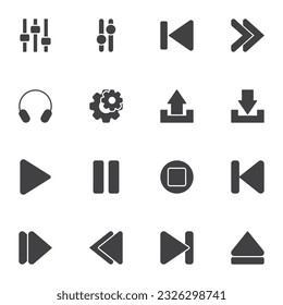 Juego de iconos vectoriales de interfaz de usuario de reproductor multimedia, colección de símbolos sólidos modernos, paquete de pictogramas de estilo relleno. Señales, ilustración del logotipo. Set incluye iconos como interfaz de reproductor de vídeo y audio, botón de reproducción, pausa