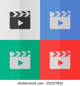 Media player vector icon. Effect of folded paper. Colored (red, blue, green) illustrations. Flat design