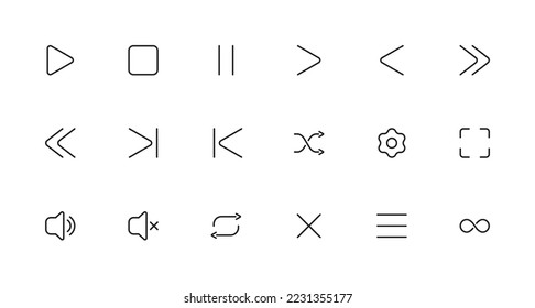 Media player vector set of icons in lines. Interface icons, media, music, design media player buttons collection.