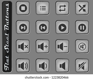 Media player vector web icons on the flat steel buttons